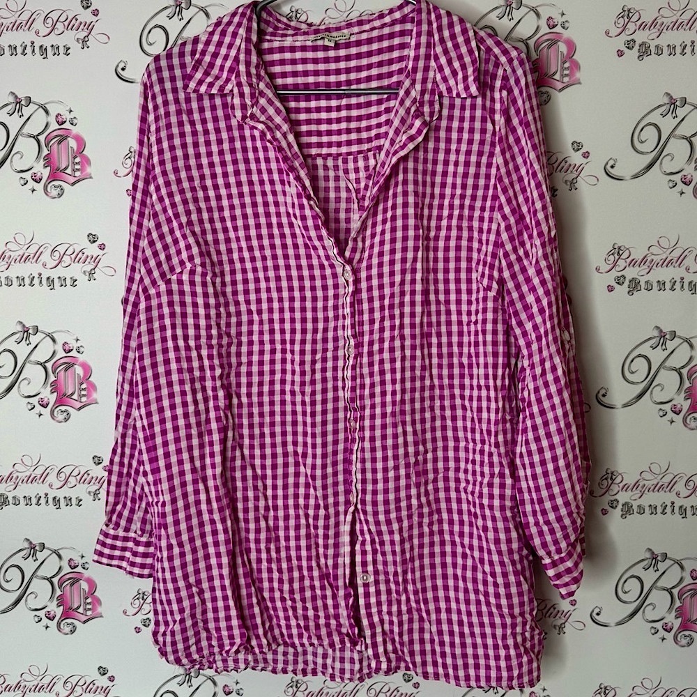 Mercer & Madison button down picnic purple white Pink Gingham Women's Top
